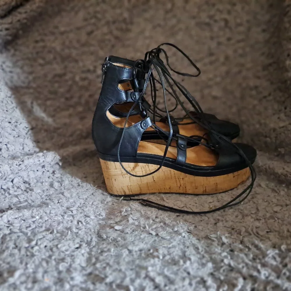 COACH-Barkley-Black Semi Matte Calf Leather Sandals-Lace Up/Back Zip-Sz 8-EX